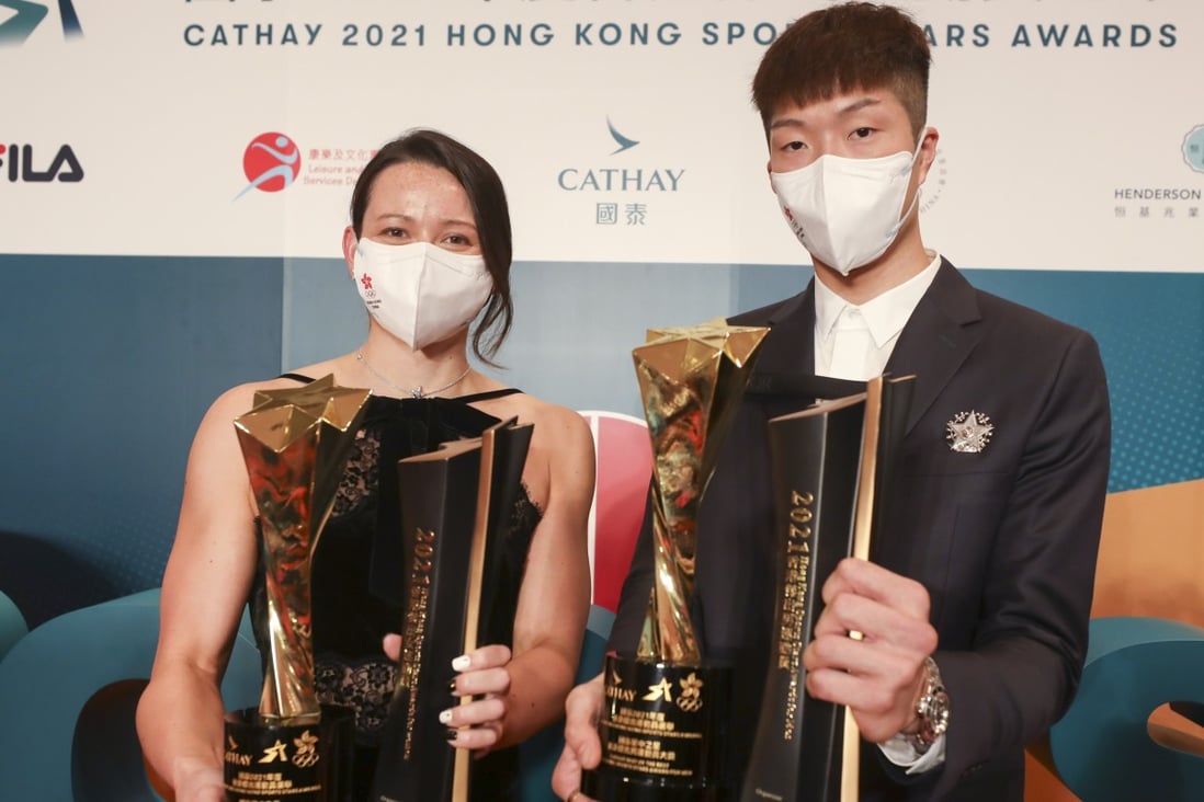 Cathay Best of the Best Hong Kong Sports Stars Awards winners Siobhan Haughey (left) and Cheug Ka-long pose for a photo after the ceremony in Wan Chai. Photo: Xiaomei Chen