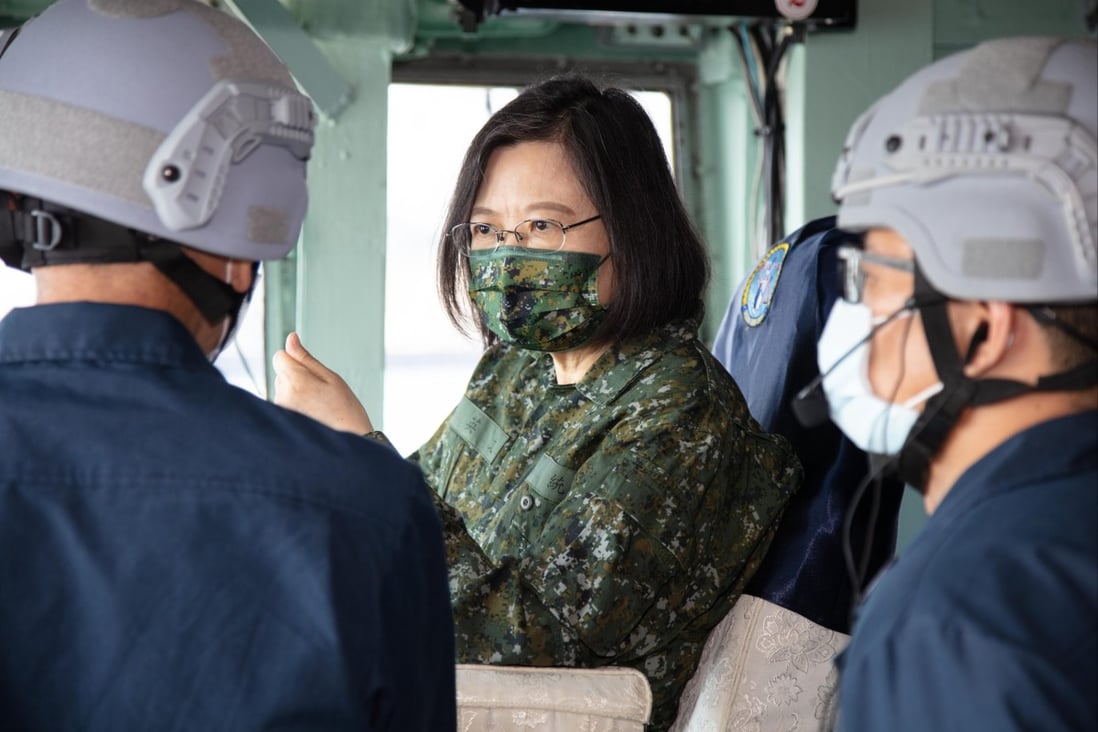 Taiwanese President Tsai Ing-wen, pictured aboard a warship to watch a live-fire military drill, has vowed to defend the island’s airspace. Photo: Handout