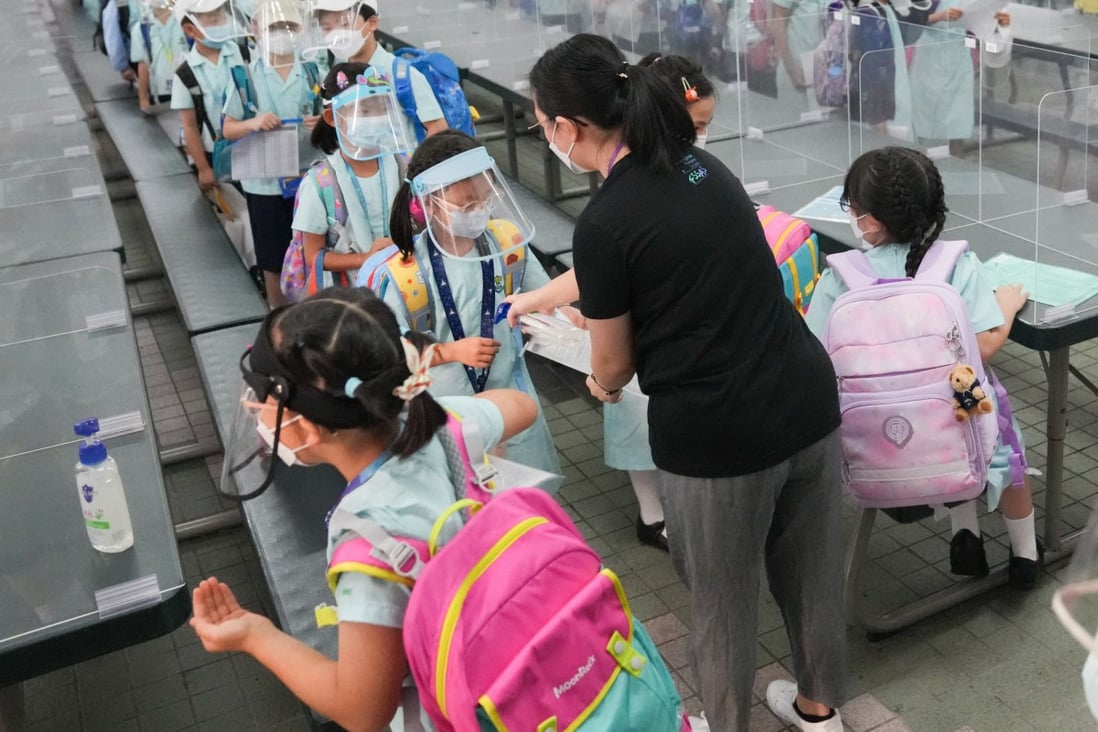Students return to school on the first day of the new school term at Fukien Secondary School Affiliated School in Yau Tong on September 1. Photo: Sam Tsang