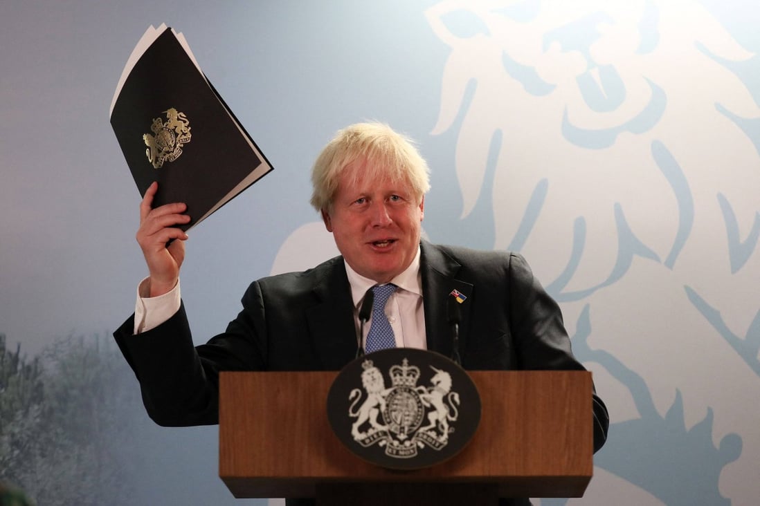 Britain’s Prime Minister Boris Johnson speaks during his visit to the Sizewell B nuclear power station in eastern England. Photo: AFP