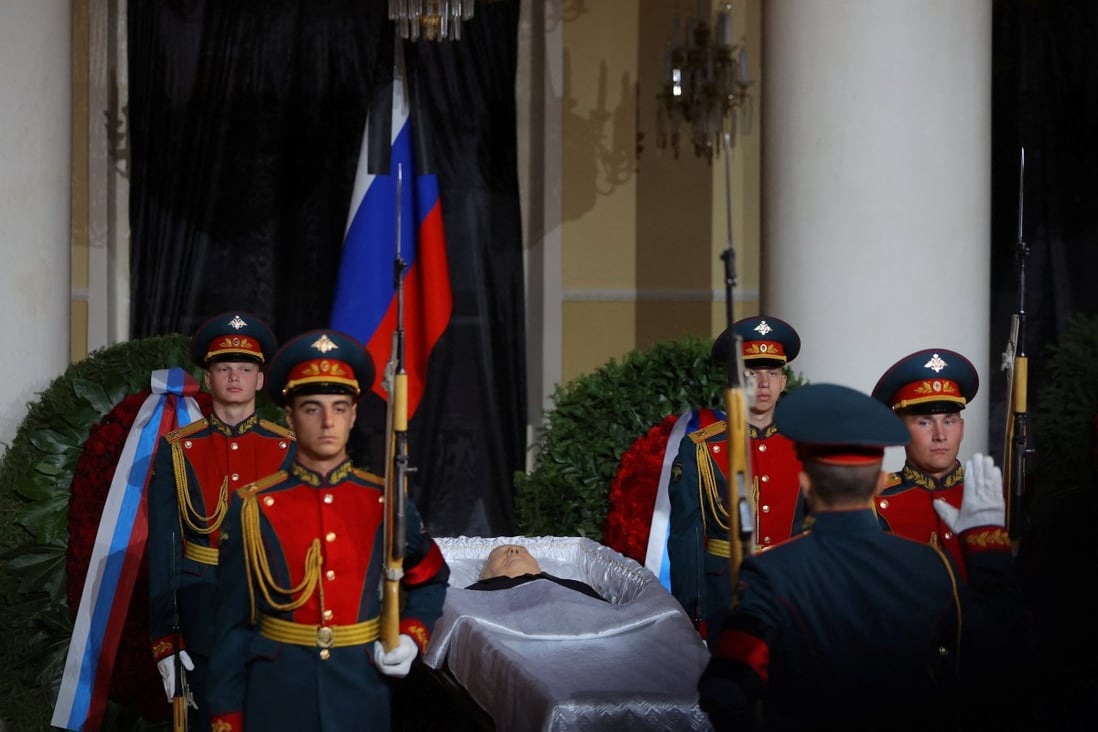 Guards stand by the open coffin of Mikhail Gorbachev, the last leader of the Soviet Union, during a memorial service in Moscow on Saturday. Photo: Reuters