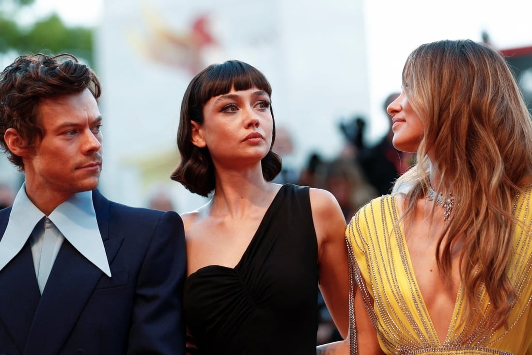 (From left) Harry Styles, Sydney Chandler and Olivia Wilde attend the premiere of “Don’t Worry Darling” at Venice International Film Festival. Photo: Reuters