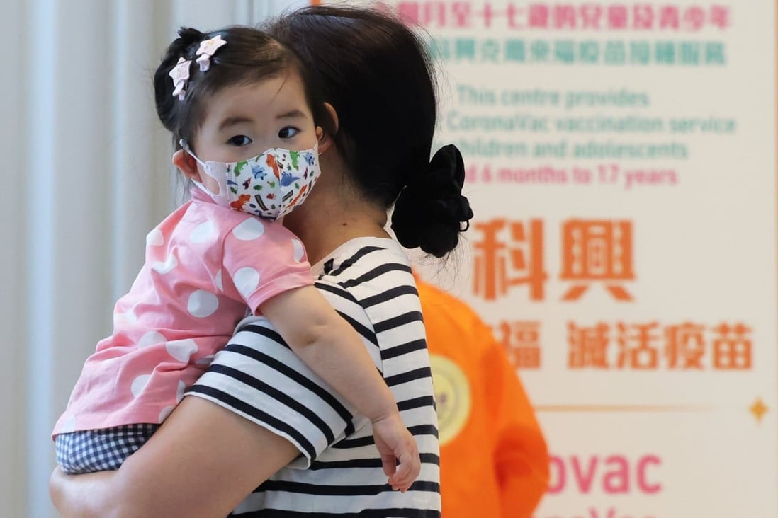 A little girl is taken to receive a Sinovac vaccination at Hong Kong Children’s Hospital.  Photo: Jelly Tse