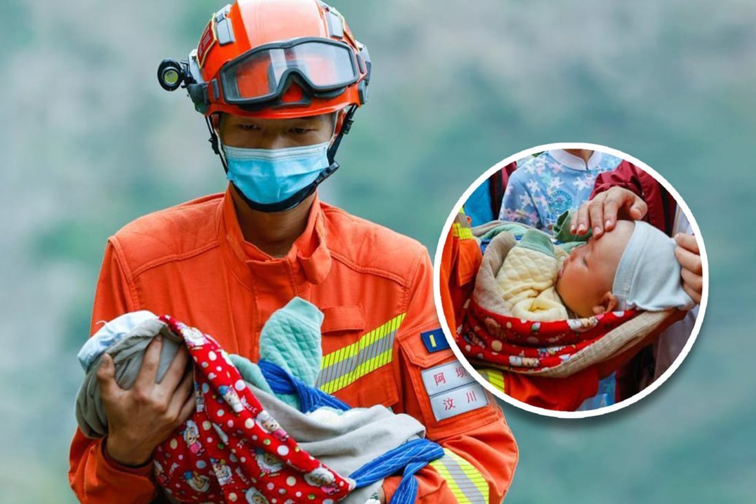 A fireman photographed holding a baby after the recent Sichuan earthquake is a social media star after revealing he was also rescued by a fireman when a quake hit the area 14 years ago. Photo: SCMP Composite