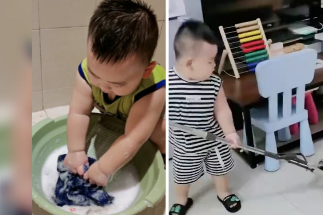 China is charmed by a loving little boy who, seeing his mother always busy with housework, decided he would start helping her. Photo: SCMP Composite