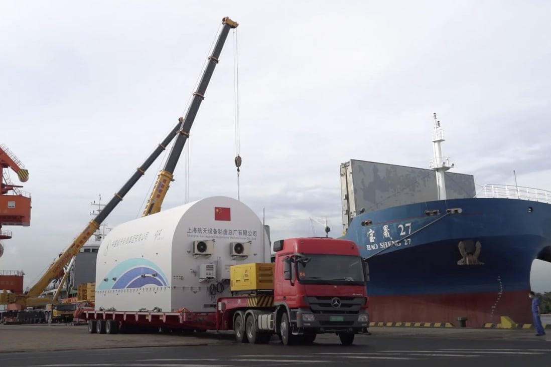 The Mengtian lab module being moved to the Wenchang spaceport. The clocks and six other cabins will ride with the Mengtian to dock with the Tiangong in October. Photo: Handout