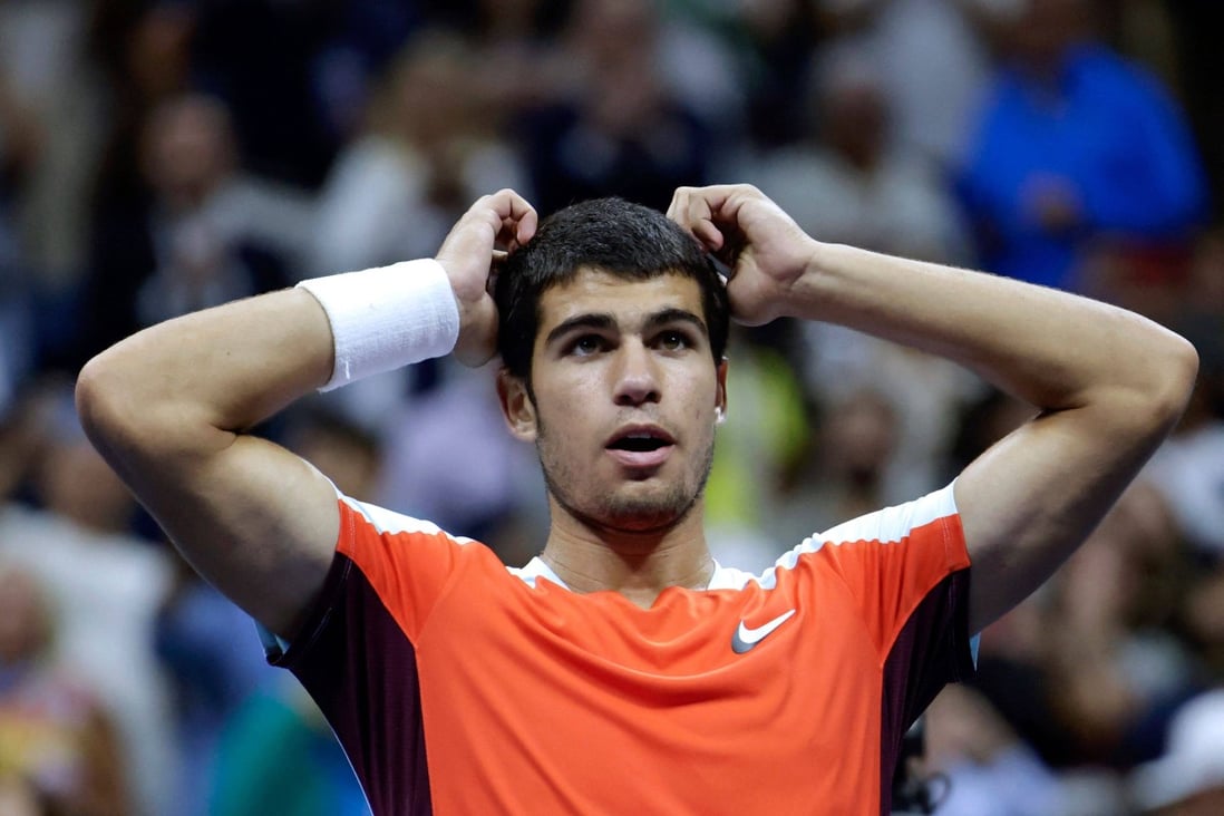 Spain’s Carlos Alcaraz celebrates after winning against Frances Tiafoe in their US Open semi-final. Photo: AFP
