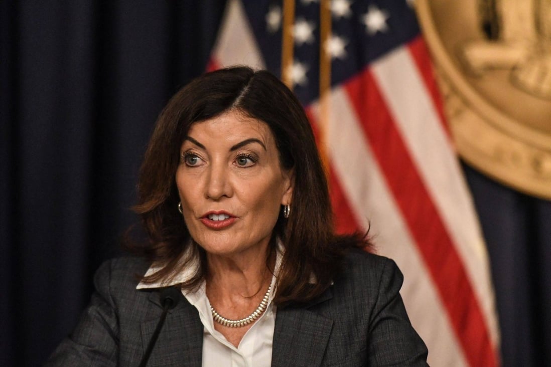 New York Governor Kathy Hochul speaks to members of the media on Tuesday. Photo: Bloomberg