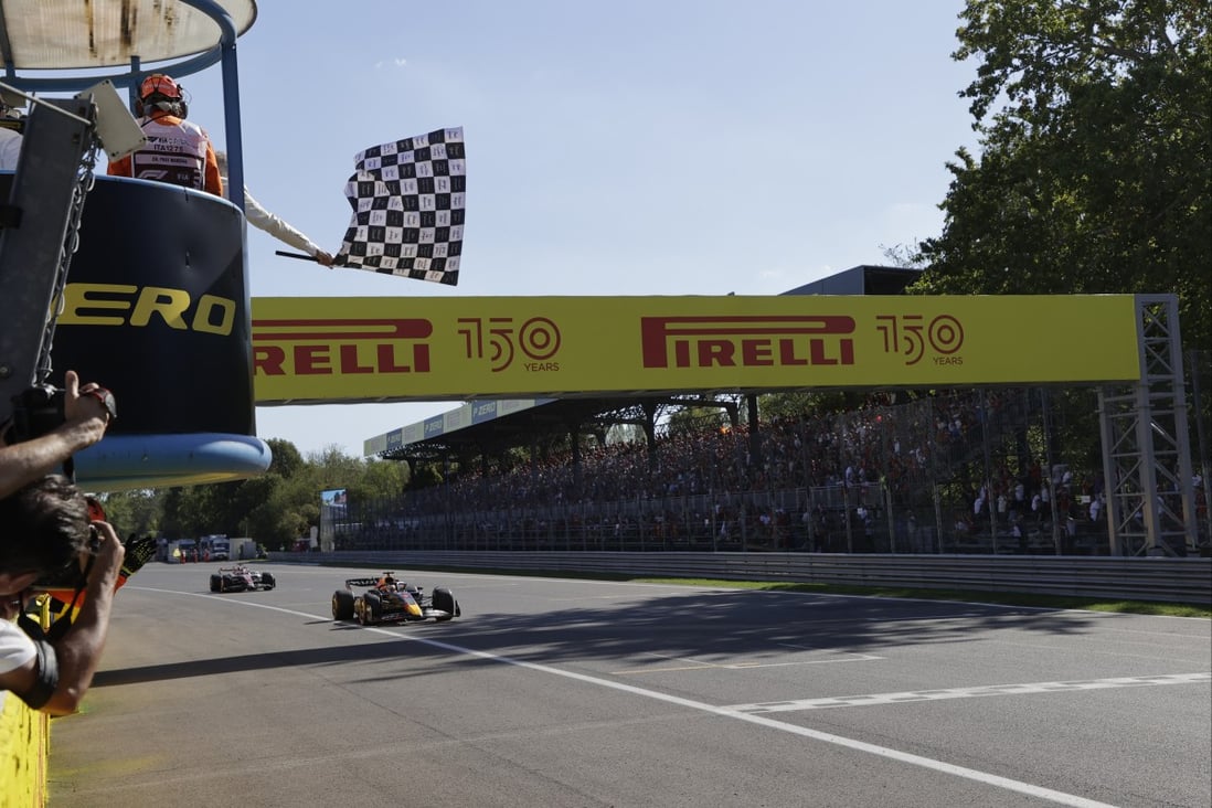 Red Bull’s Max Verstappen crosses the finish line to win the Italian Grand Prix. Photo: AP