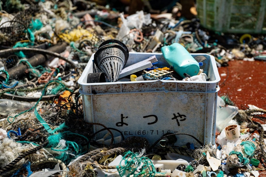 Samples of plastic retrieved from the North  Pacific Garbage Patch includes a crate with  visible Japanese text,  eel traps and nets, all of which originated from fishing activities. Photo: Handout