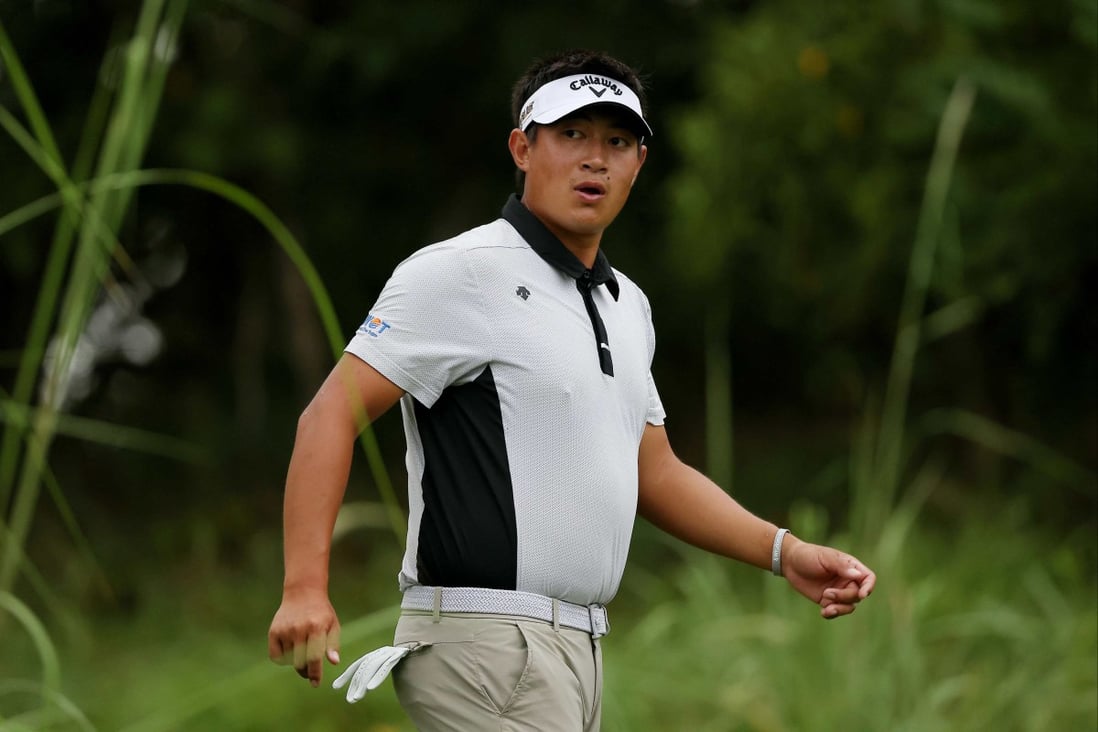 Carl Yuan of China walks off the tee box on the second hole during the final round of the Korn Ferry Tour Championship at Victoria National Golf Club in Newburgh, Indiana. Photo: AFP