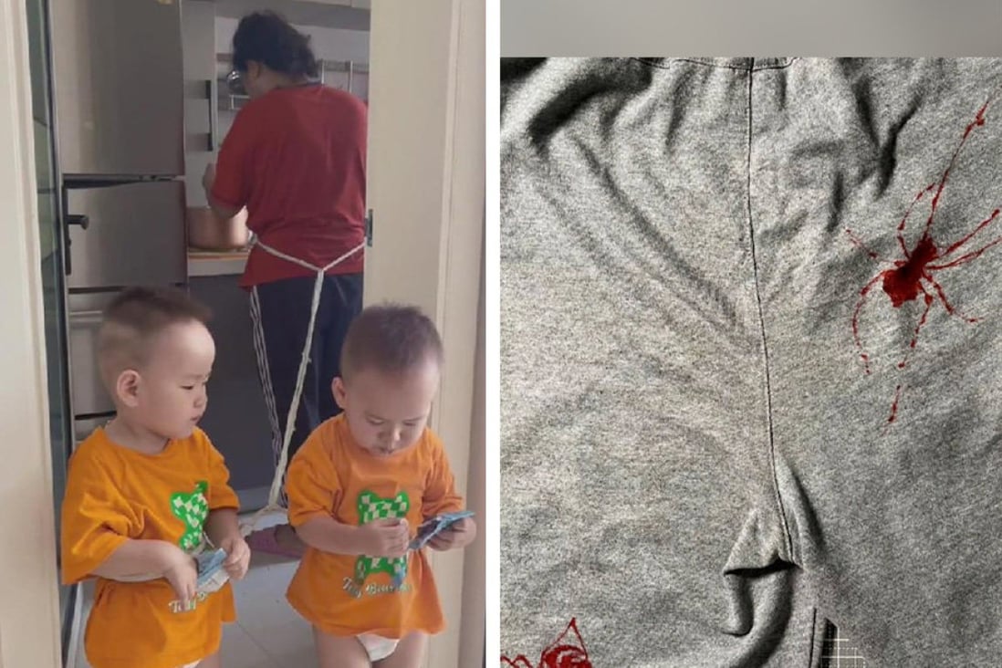 Two toddlers are tied to their grandma who was cooking (left) and art to protest period-shaming (right). Photo: SCMP composite