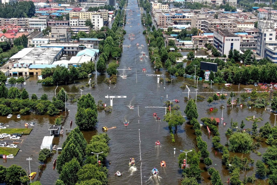 An aerial photo taken on July 26, 2021, shows a flooded area in Weihui, Xinxiang city, in China’s central Henan province. Photo: AFP