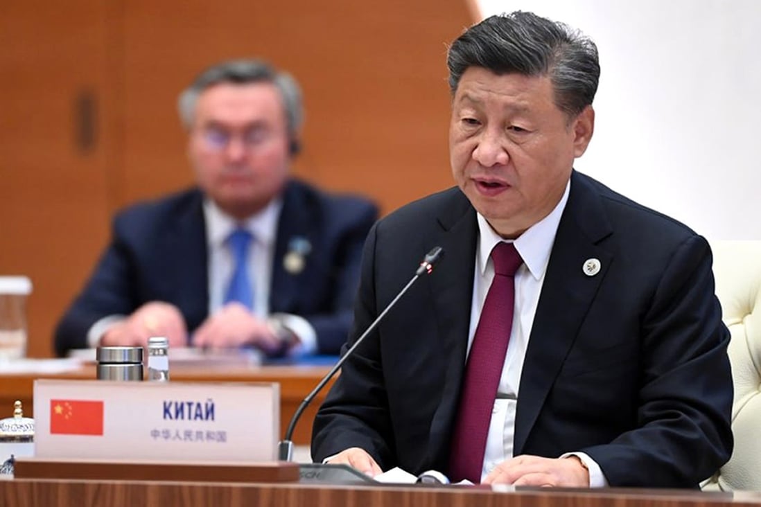 Chinese President Xi Jinping addresses the Shanghai Cooperation Organisation summit in Samarkand on Friday. Photo: AP
