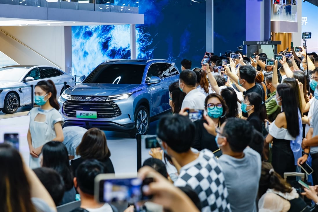A BYD EV is displayed at the Chengdu Motor Show 2022.  New energy stocks such as those of electric carmakers will probably fall further, an analyst says. Photo: Xinhua