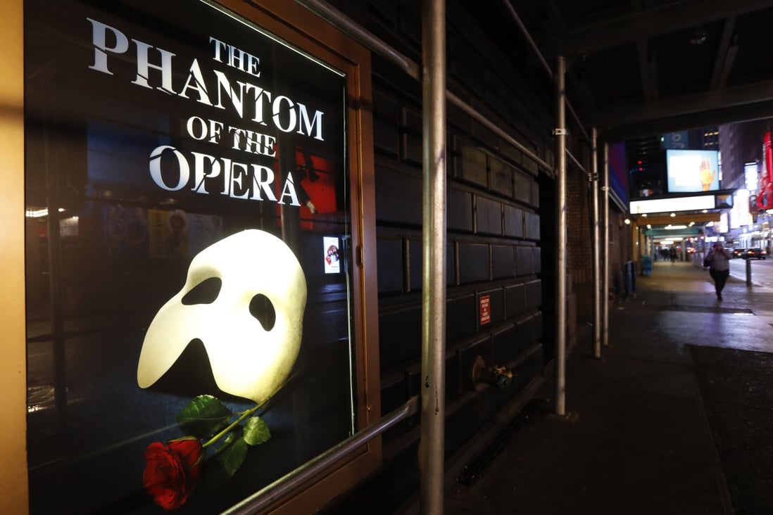 A poster advertising “The Phantom of the Opera” is displayed at closed Majestic Theatre in New York in March 2020. Photo: AP
