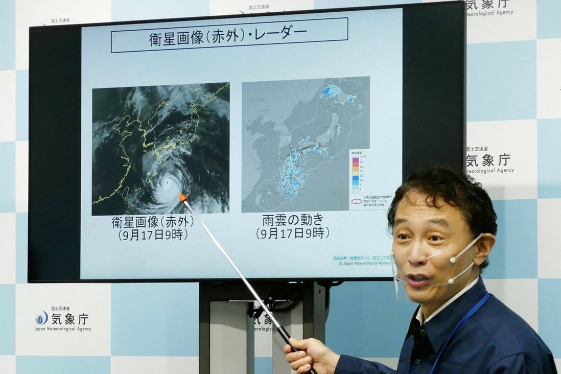 A director of the Japan Meteorological Agency’s Forecast Division holds a press conference on Typhoon Nanmadol in Tokyo on September 17. There are risks of unprecedented storms, high waves, storm surges, and record rainfall. Photo: JIJI Press/AFP