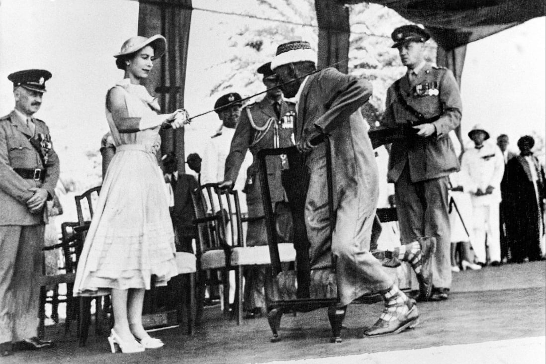 Yemen’s councillor Sayyid Abubakr bin Shaikh Alkaff kneels before Queen Elizabeth II to be knighted during her visit to Aden in 1954. The war-torn Yemeni city’s troubles now serve as a reminder of Britain’s complicated legacy in the Middle East. Photo: AFP