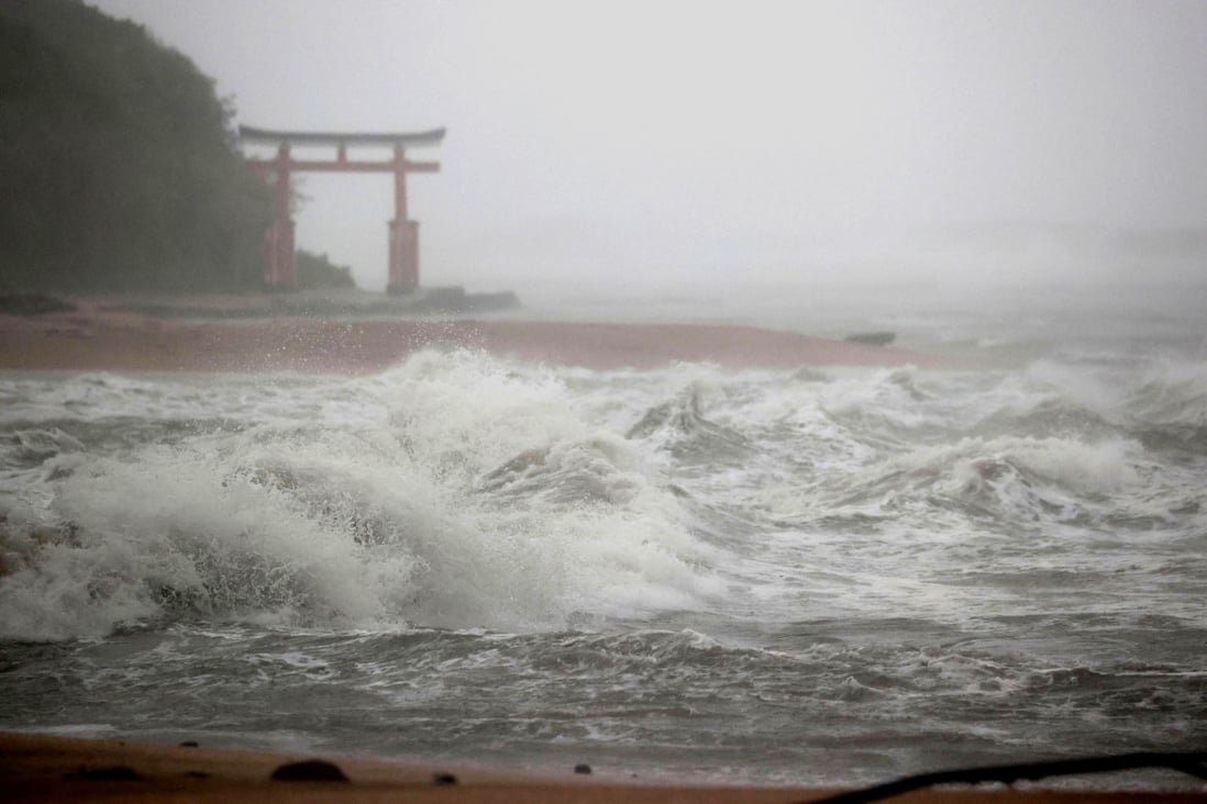 Waves batter the shore in Miyazaki, southern Japan on Sunday. Photo: Kyodo via AP