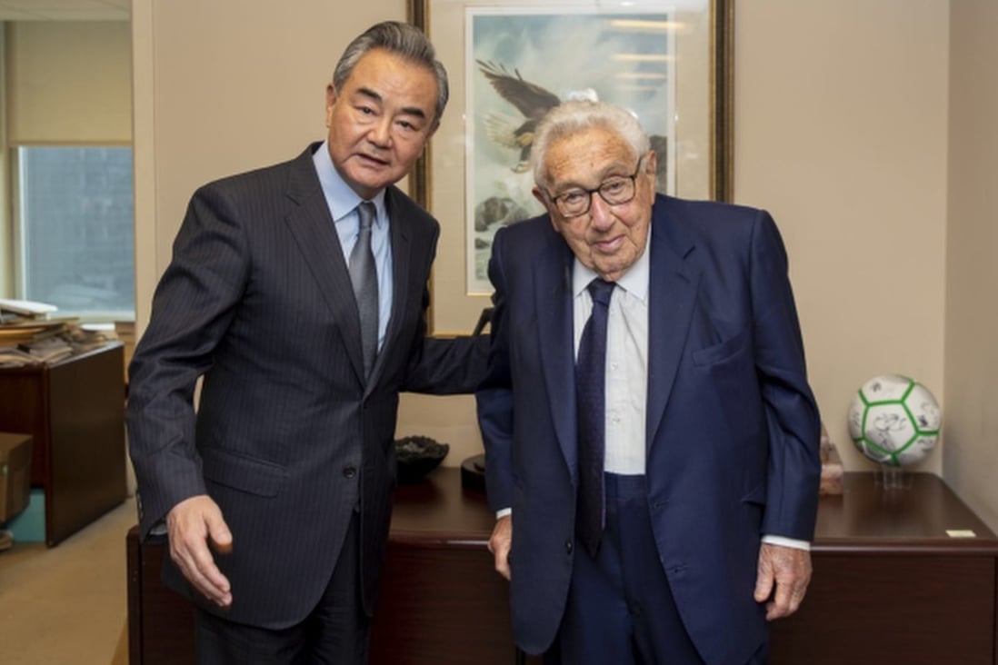 Chinese Foreign Minister Wang Yi meets former US secretary of state Henry Kissinger in New York on Monday. Photo: Handout