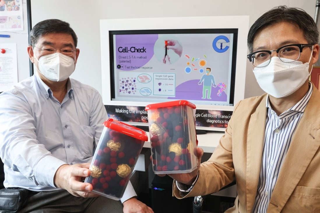 Leung Kwong-sak (left) and Nelson Tang demonstrate the variety of types of cells contained in a blood sample. Photo: K.Y. Cheng.