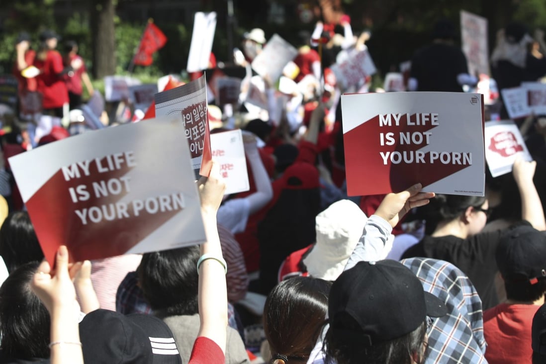 Women protest against the rise of ‘spycam porn’, in which intimate photos and footage are shot using hidden cameras, in Seoul in 2018. Photo: Yonhap via AP