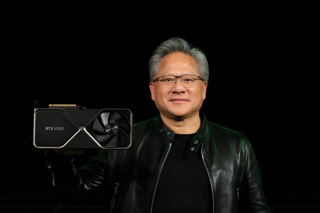 Nvidia CEO Jensen Huang holds one of the company’s new computer gaming chips. Photo: Handout