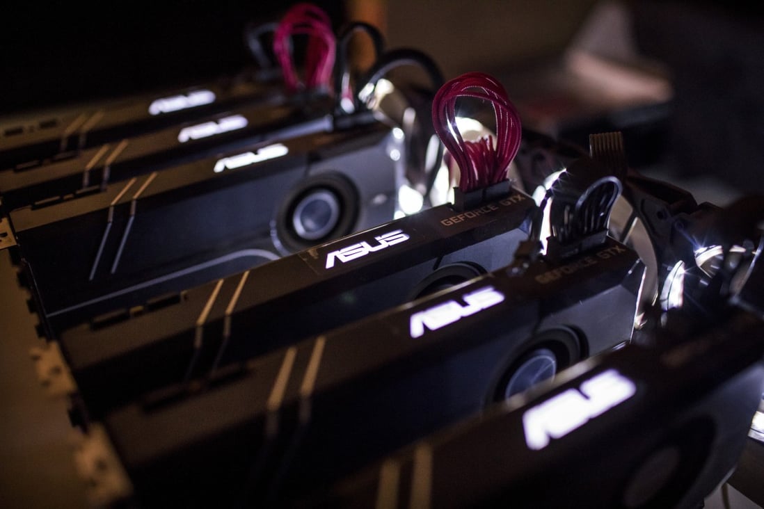 Asus graphics cards featuring Nvidia’s GeForce GTX graphics processing units in a cryptocurrency mining machine in Nairobi, Kenya, on September 9, 2017. Photo: Bloomberg