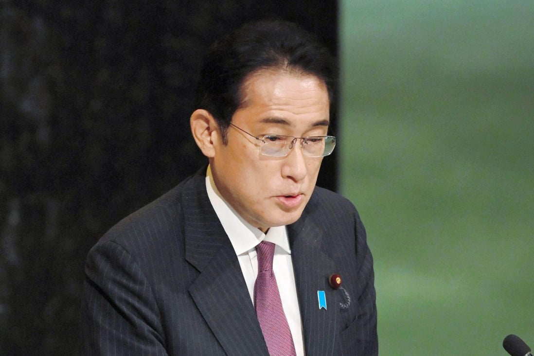 Japanese Prime Minister Fumio Kishida addresses the UN General Assembly in New York on Tuesday. Photo: Kyodo
