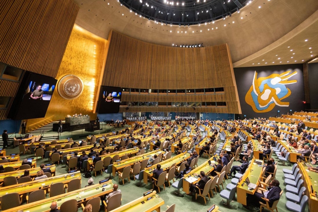 Volodymyr Zelensky, Ukraine’s president, on monitors during the United Nations General Assembly (UNGA) in New York, on Wednesday, Sept. 21, 2022. Photo: Bloomberg