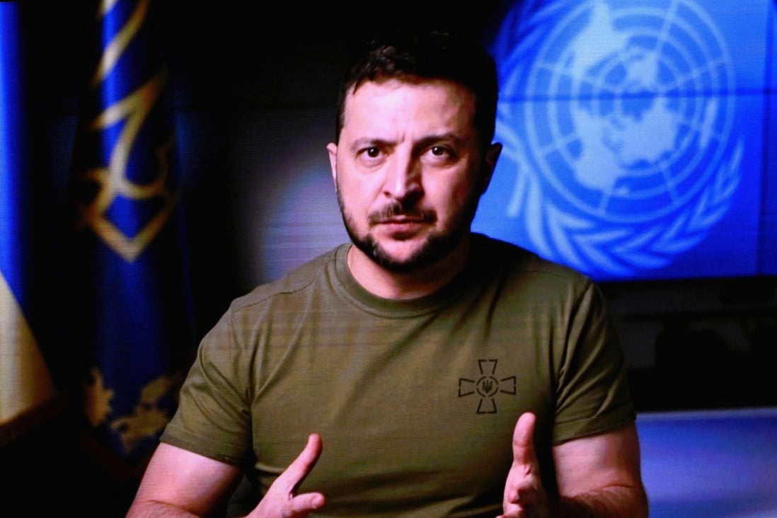 Ukrainian President Volodymyr Zelensky is seen on a screen as he remotely addresses the 77th session of the United Nations General Assembly in New York on Wednesday. Photo: AFP
