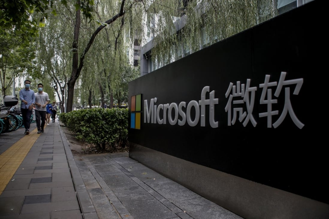 A Microsoft logo at the company’s office building in Beijing. Photo: EPA-EFE