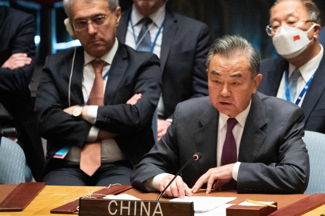 Chinese Foreign Minister Wang Yi speaks at a UN Security Council meeting on Ukraine in New York on Thursday. Photo: AFP