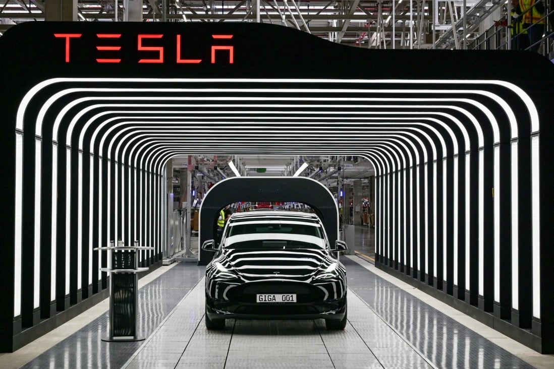 Model Y cars pictured during the opening ceremony of the new Tesla Gigafactory for electric cars in Gruenheide, Germany, on March 22, 2022. Photo: Reuters