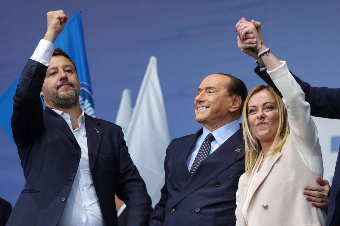 From left: Matteo Salvini, Silvio Berlusconi and Giorgia Meloni during a general election campaign rally by a right-wing coalition made up of their parties in Rome, Italy, on Thursday. Photo: Bloomberg