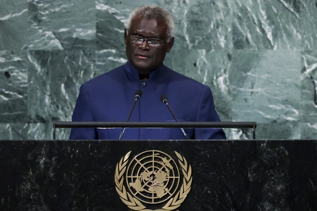 Solomon Islands Prime Minister Manasseh Sogavare addressing the  United Nations General Assembly on Friday at UN headquarters in New York. Photo: AP 
