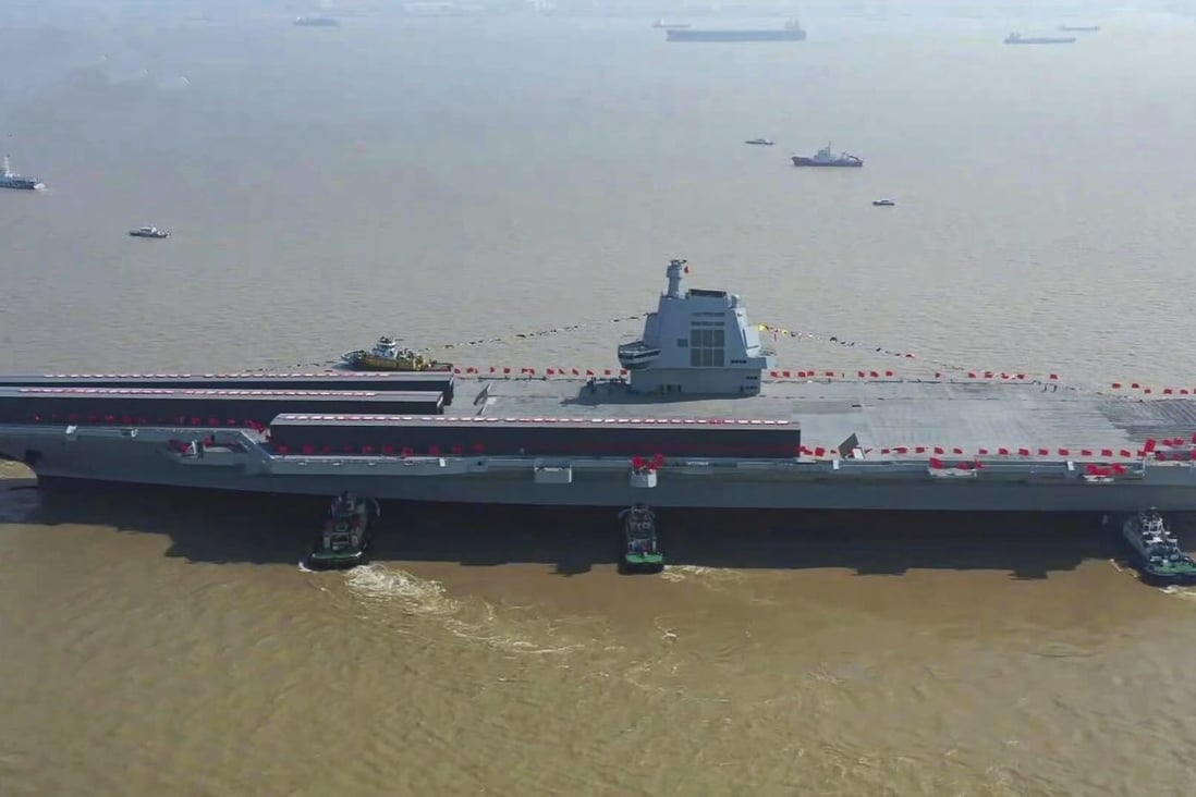 Mooring trials have started for China’s third aircraft carrier, the Fujian. Photo: Weibo