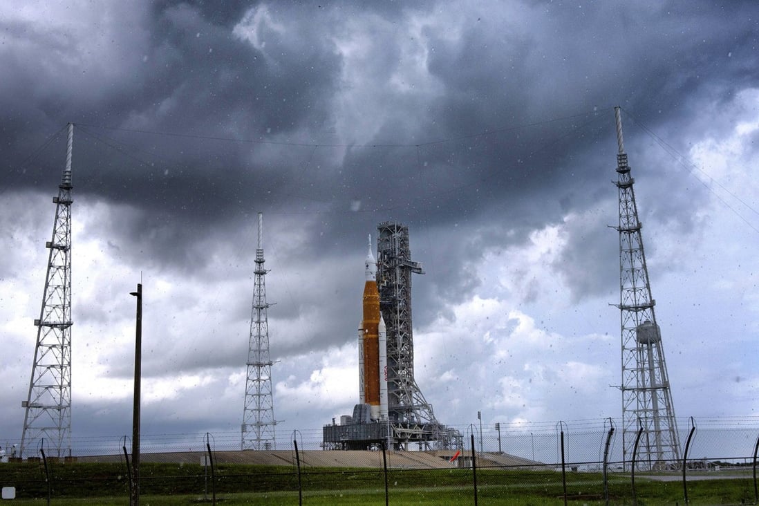 Storm clouds move over the Artemis I moon rocket at the Kennedy Space Centre in Florida in August. Photo:Orlando Sentinel via TNS