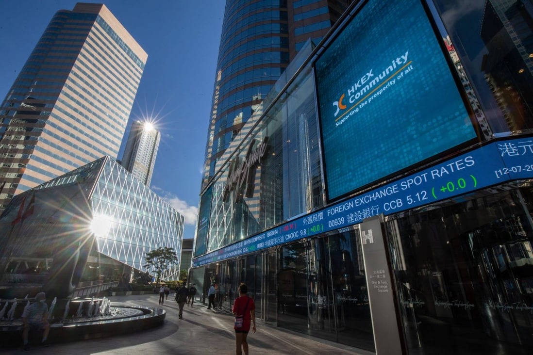Stock price tickers outside the Exchange Square complex in Central, Hong Kong. Photo: Bloomberg