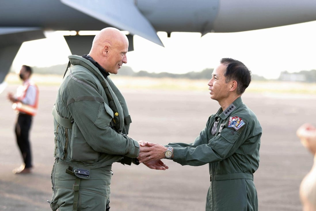 Shunji Izutsu (right) chief of staff of the Japan Air Self-Defence Force, shakes hands with Lieutenant General Ingo Gerhartz, chief of the German Air Force, at JASDF’s Hyakuri Air Base in Omitama, Ibaraki Prefecture, northeast of Tokyo, on Wednesday. Photo: Kyodo