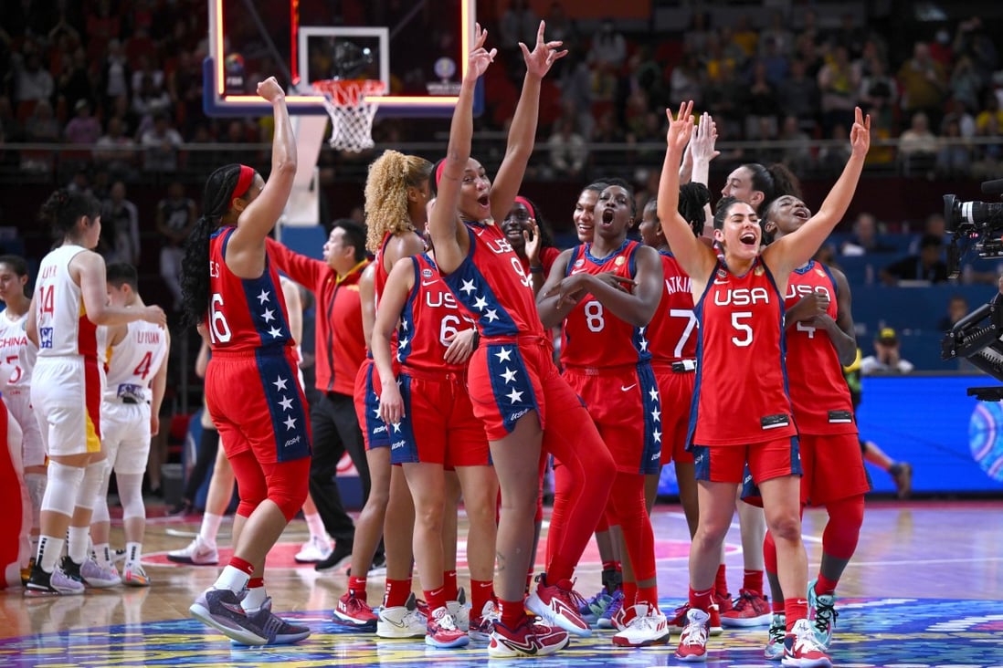 US players celebrate winning the FIBA Women’s Basketball World Cup after the gold medal match against China. Photo: EPA-EFE