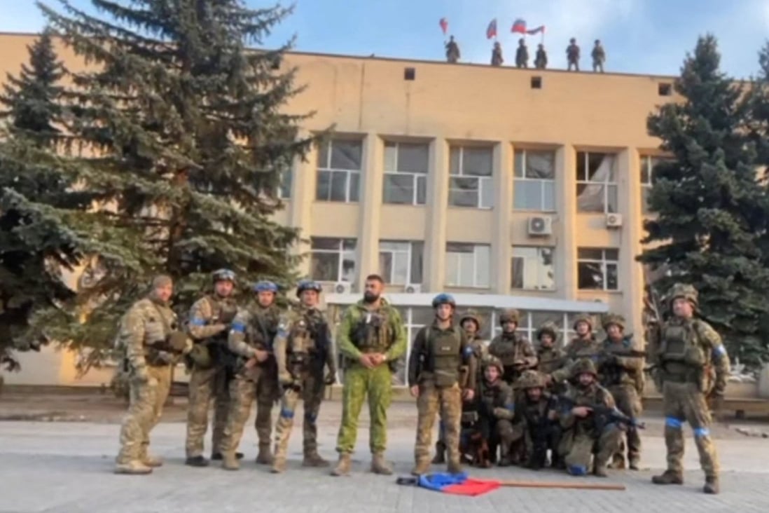 Ukrainian armed forces make a statement in Lyman, Ukraine, in this still image taken from a social media video on Saturday. Photo: 81 Airborne Brigade of the Ukrainian Armed Forces/via Reuters
