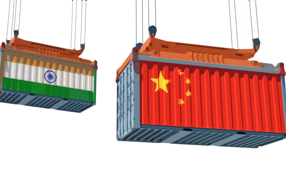 Cargo containers Indian and Chinese flags. Photo: Shutterstock
