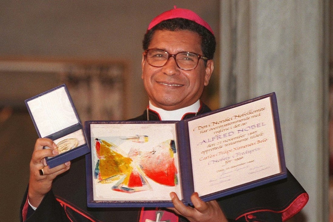 Nobel Peace Prize laureate East Timor bishop Carlos Filipe Ximenes Belo during the Nobel prizegiving ceremony in 1996. Belo has been accused in a Dutch magazine of sexually abusing boys in East Timor in the 1990s. Photo: AP