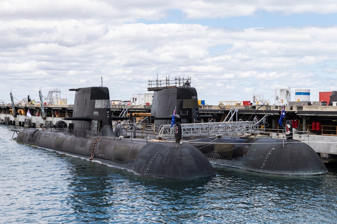Two Australian Collins class submarines at HMAS Stirling Royal Australian Navy base in Perth, Western Australia. In September 2021, Australia, the UK and the US announced an enhanced trilateral security partnership called Aukus under which Australia will acquire a number of nuclear-powered submarines. Photo: EPA-EFE