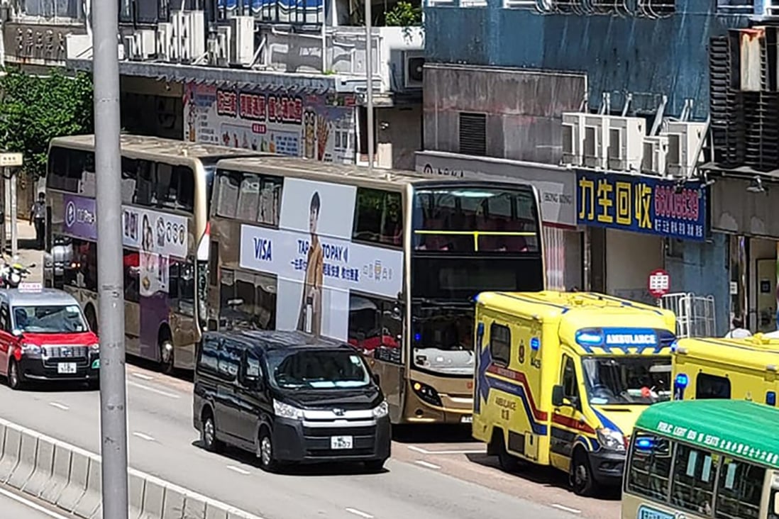 The scene after seven people were injured when two buses crashed on Kwai Chung Road on Monday. Photo: Facebook.