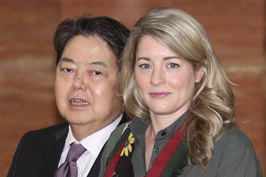 Japanese Foreign Minister Yoshimasa Hayashi and his Canadian counterpart Melanie Joly during their meeting in Tokyo on Tuesday. Photo: Kyodo