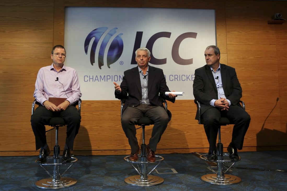 Alex Marshall (left), the general manager of the ICC’s integrity unit, alongside then CEO David Richardson (centre) and Geoff Allardice, the general manager cricket operations, at a press conference at ICC headquarters in Dubai. Photo: AP