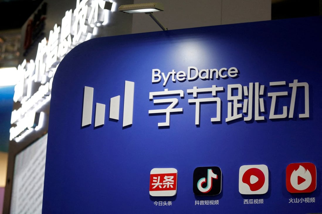 The logo of TikTok’s parent company ByteDance, seen above a booth during an organised media tour to the Zhongguancun National Innovation Demonstration Zone Exhibition Center in Beijing on February 10, 2022. Photo: Reuters
