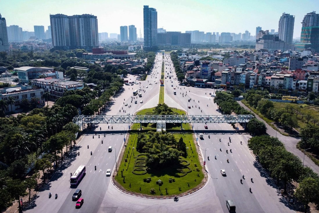 This aerial photograph taken on October 11 shows motorists commuting on the Formula One track in Hanoi. Photo: AFP